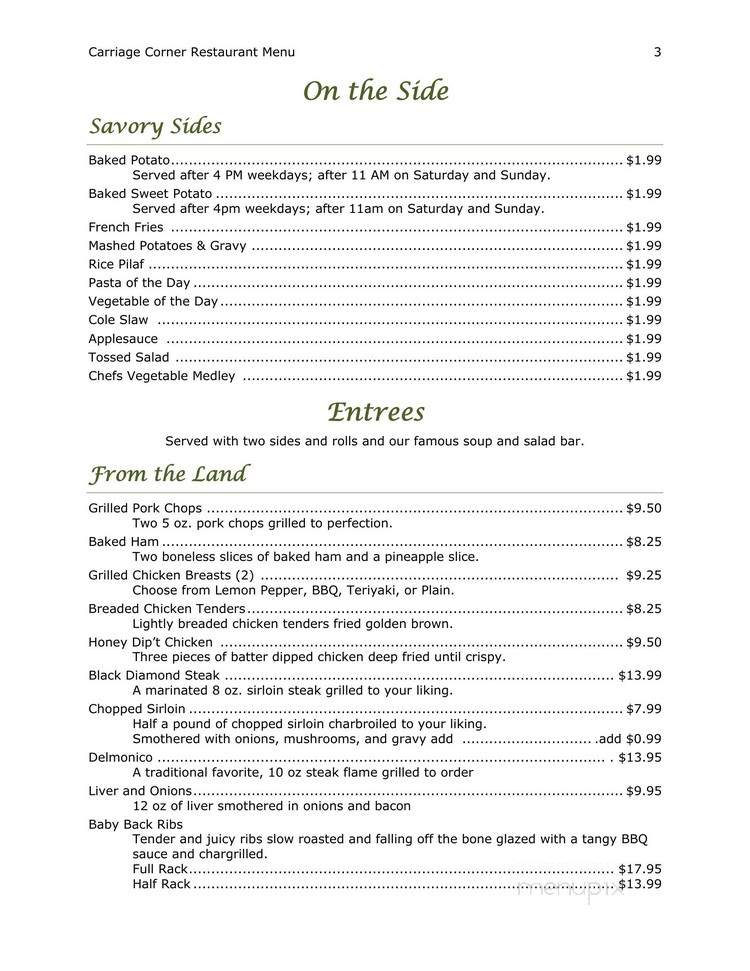 Carriage Corner Restaurant - Mifflinburg, PA menu_pic
