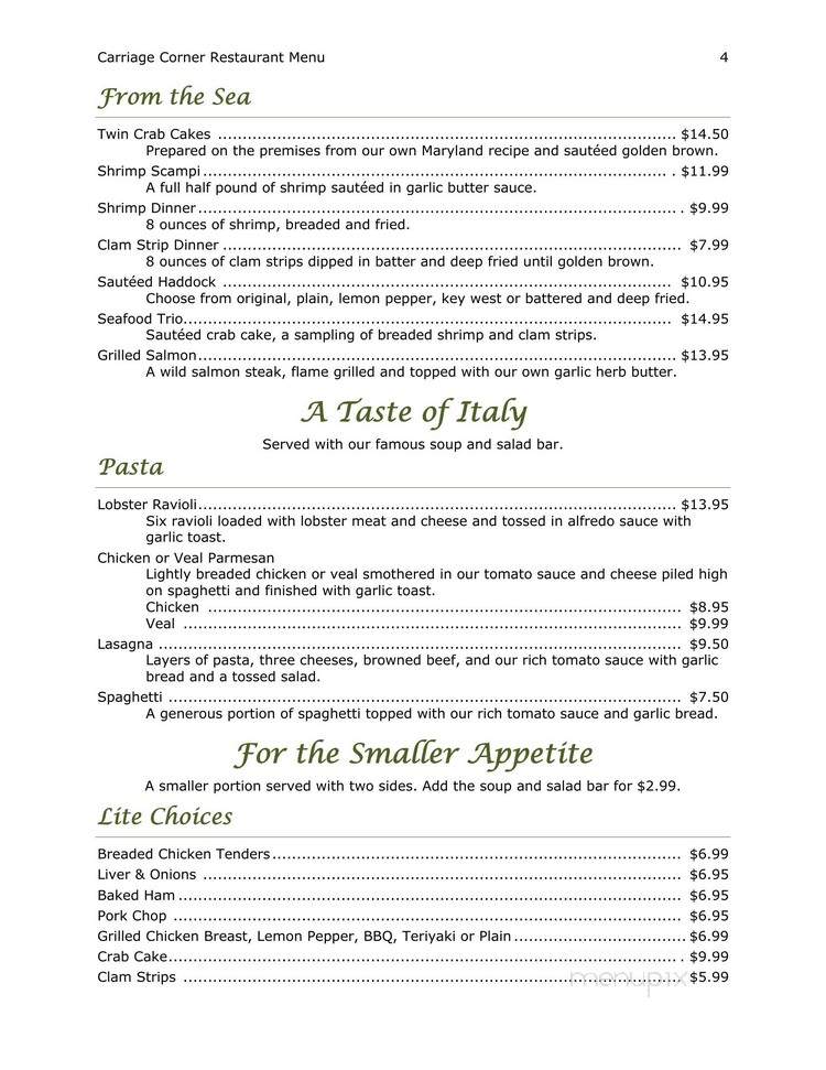 Carriage Corner Restaurant - Mifflinburg, PA menu_pic