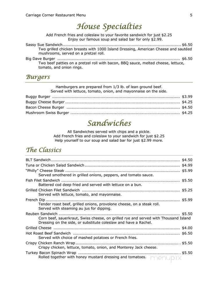 Carriage Corner Restaurant - Mifflinburg, PA menu_pic