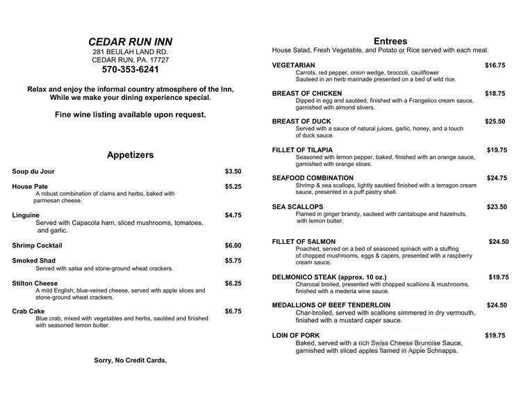 Cedar Run Inn - Cedar Run, PA menu_pic