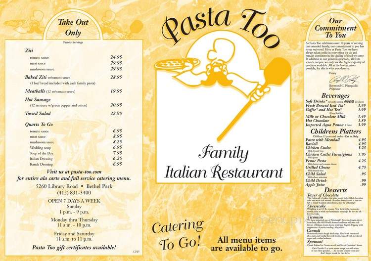 Pasta Too - Bethel Park, PA menu_pic