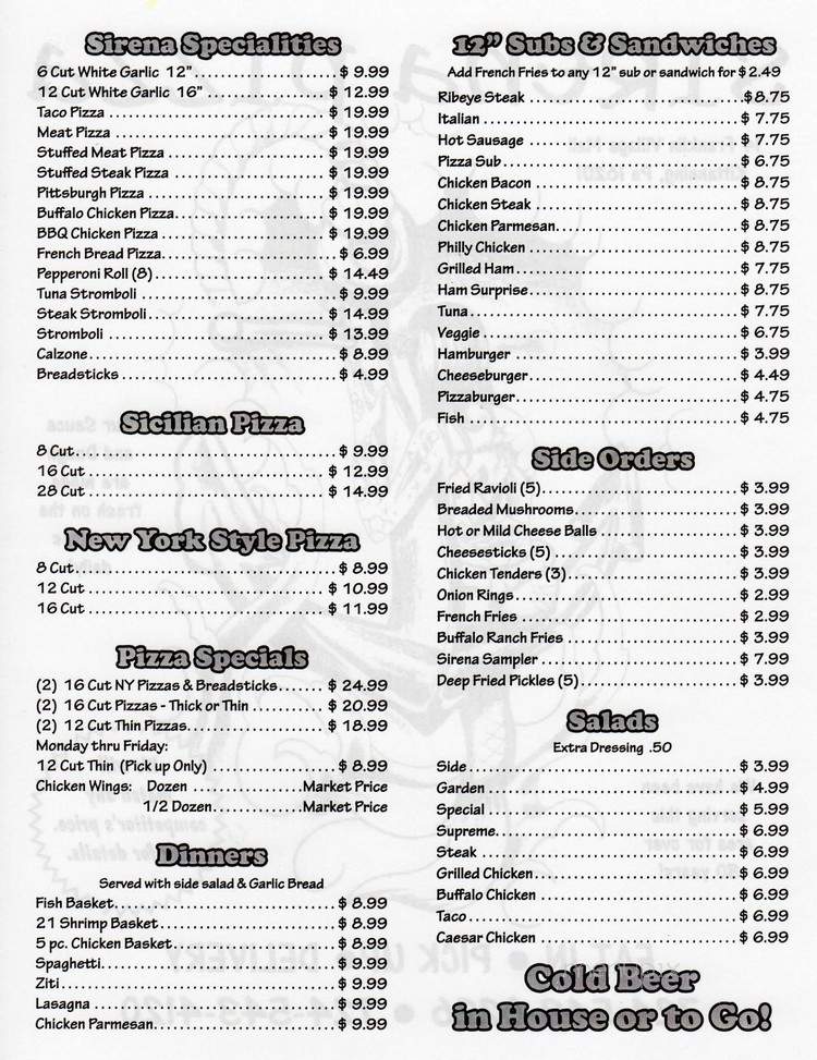 Sirena Pizza - Kittanning, PA menu_pic