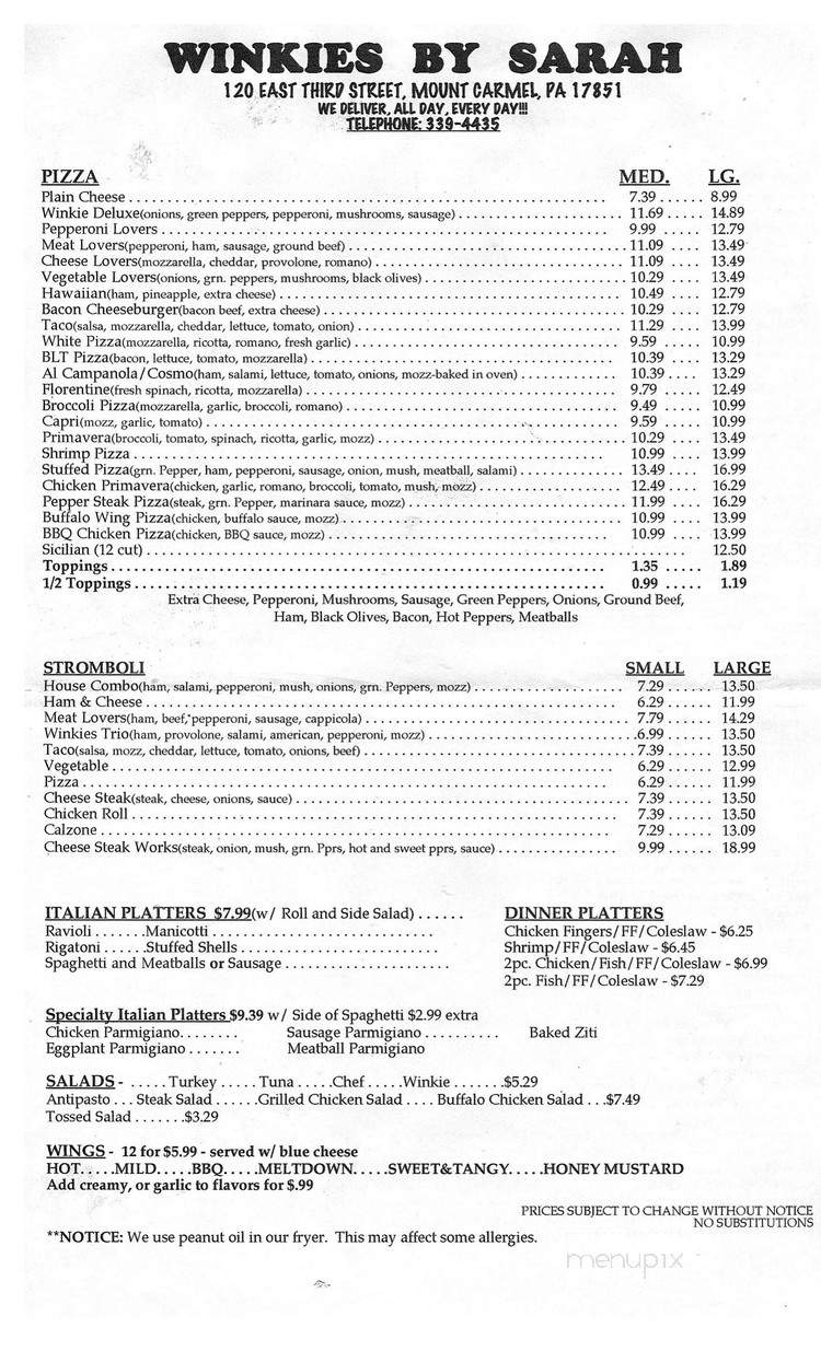 Winkie's Pizza - Mount Carmel, PA menu_pic