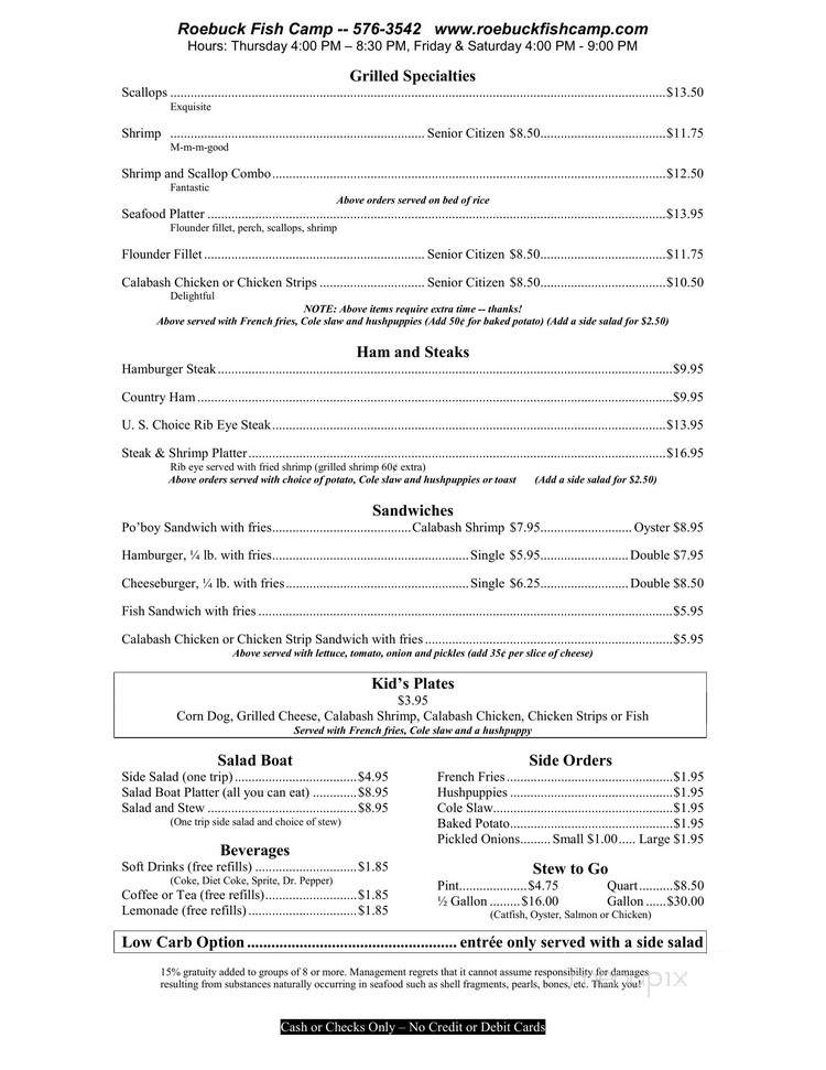 Roebuck Fish Camp - Roebuck, SC menu_pic