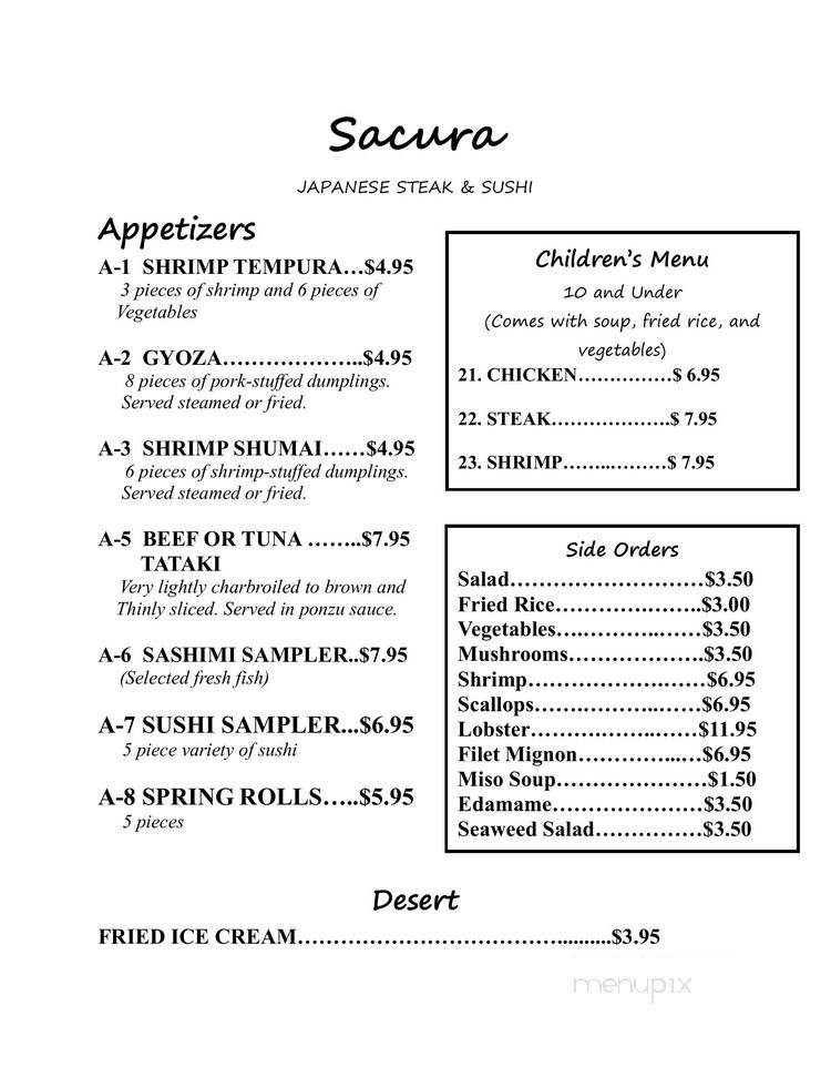 Sacura Japanese Restaurant - Camden, SC menu_pic