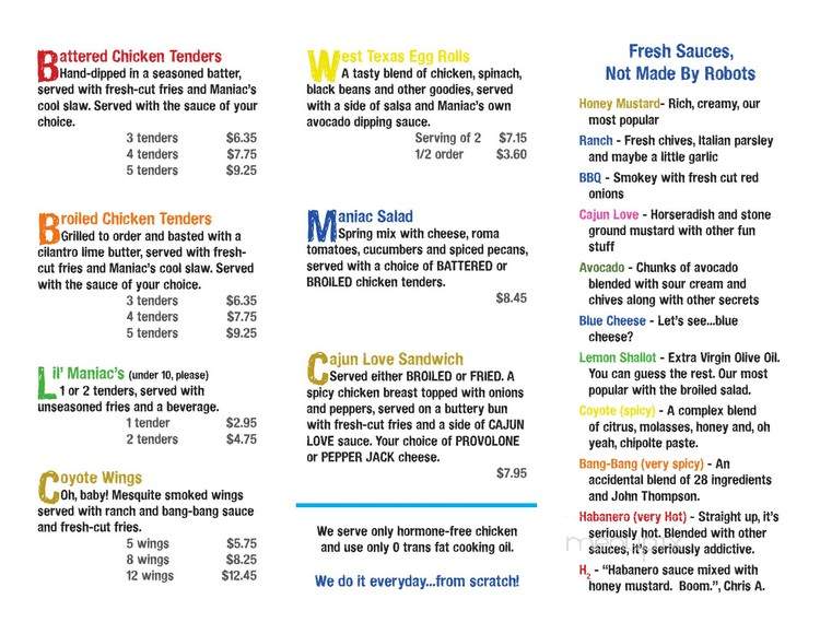 Maniac's - Brentwood, TN menu_pic