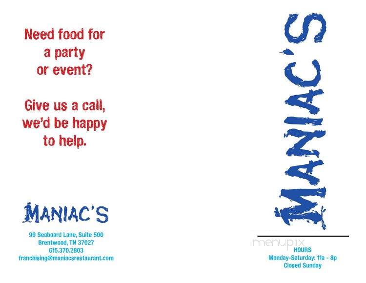 Maniac's - Brentwood, TN menu_pic