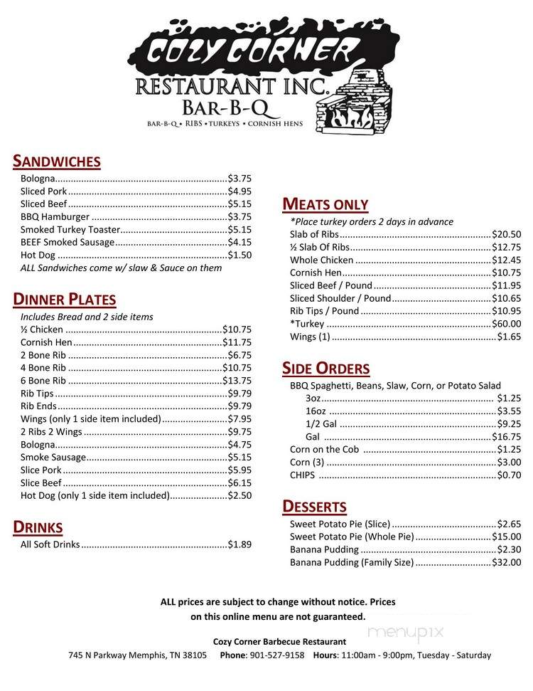 Cozy Corner Restaurant - Memphis, TN menu_pic