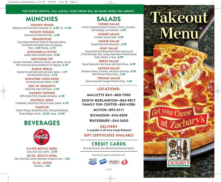 Zachary's Family Fun Center - South Burlington, VT menu_pic