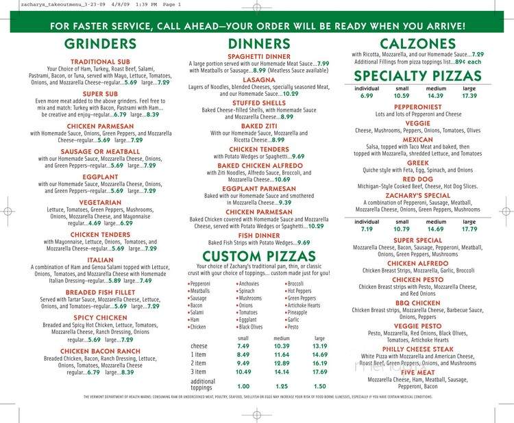 Zachary's Family Fun Center - South Burlington, VT menu_pic
