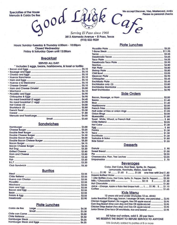 Menu of Good Luck Cafe in El Paso, TX 79905