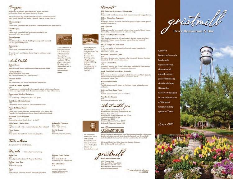 Gristmill Restaurant - New Braunfels, TX menu_pic