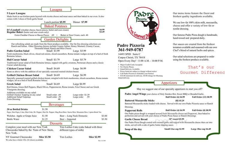 Padre Pizzeria & Gourmet Grill - Corpus Christi, TX menu_pic