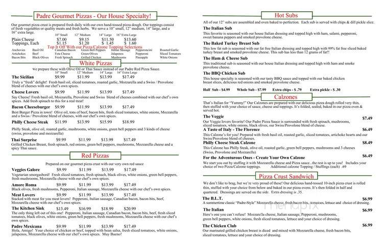 Padre Pizzeria & Gourmet Grill - Corpus Christi, TX menu_pic