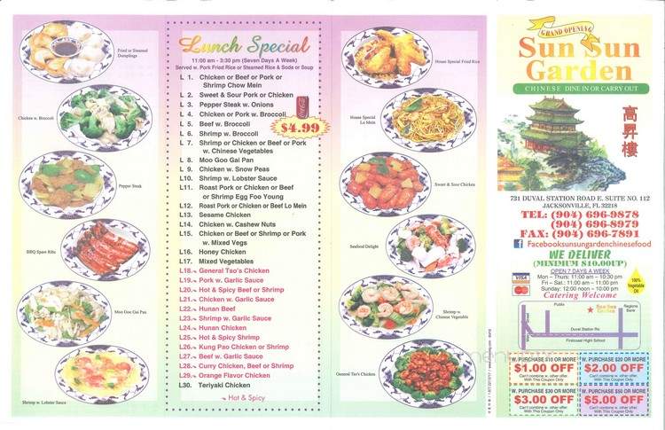 Menu Of Sun Sun Garden In Jacksonville Fl 32218