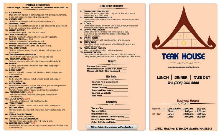 Teak House - Normandy Park, WA menu_pic