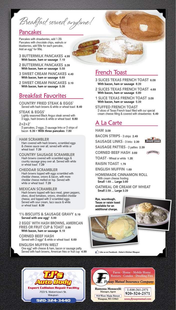 Menu Of Helen S Kitchen In Waupun Wi