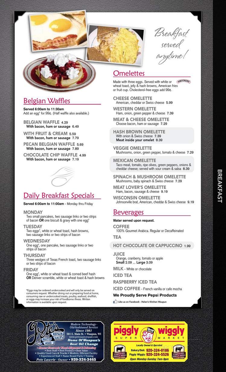Menu Of Helen S Kitchen In Waupun Wi