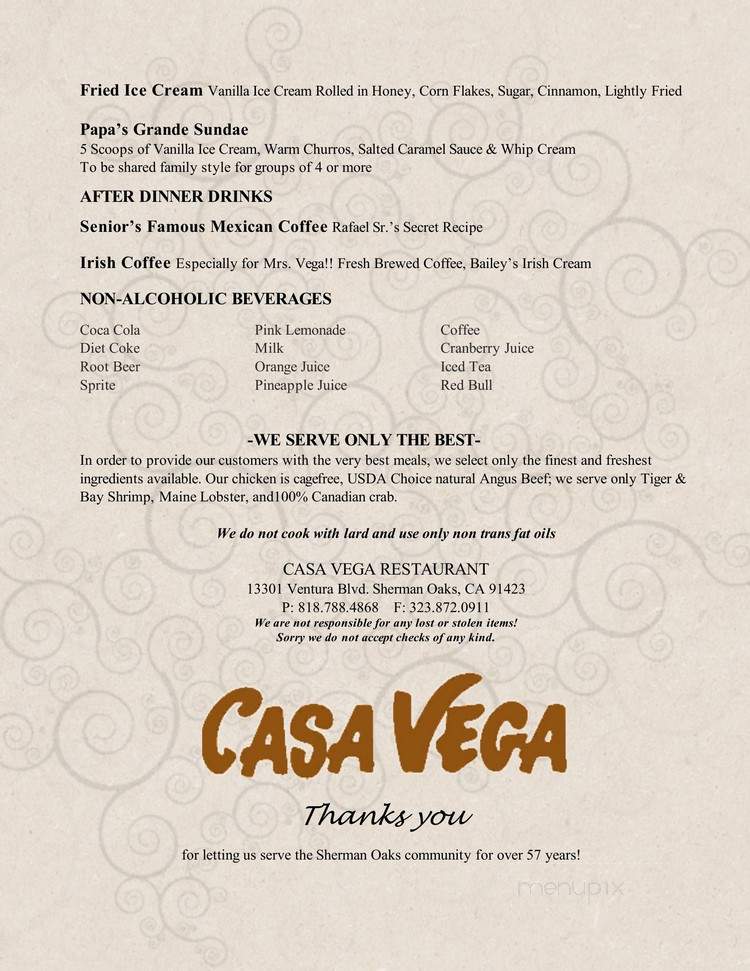Casa Vega - Sherman Oaks, CA menu_pic