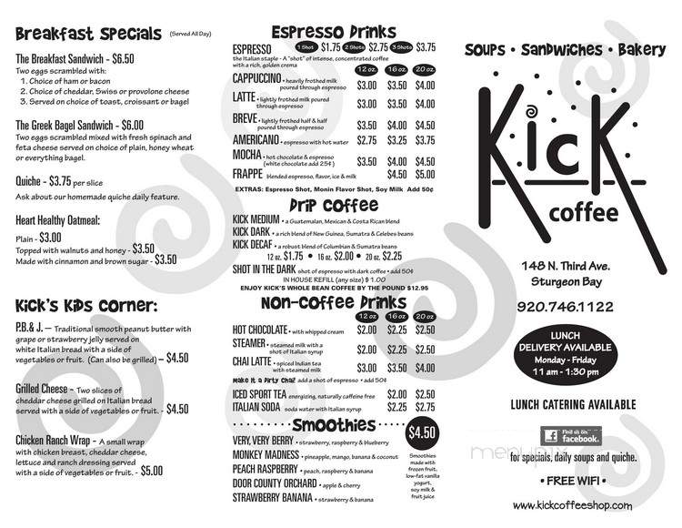 Kick Coffee - Sturgeon Bay, WI menu_pic