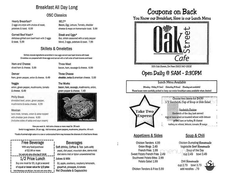 Menu of Oak Street Cafe in De Pere, WI 54115
