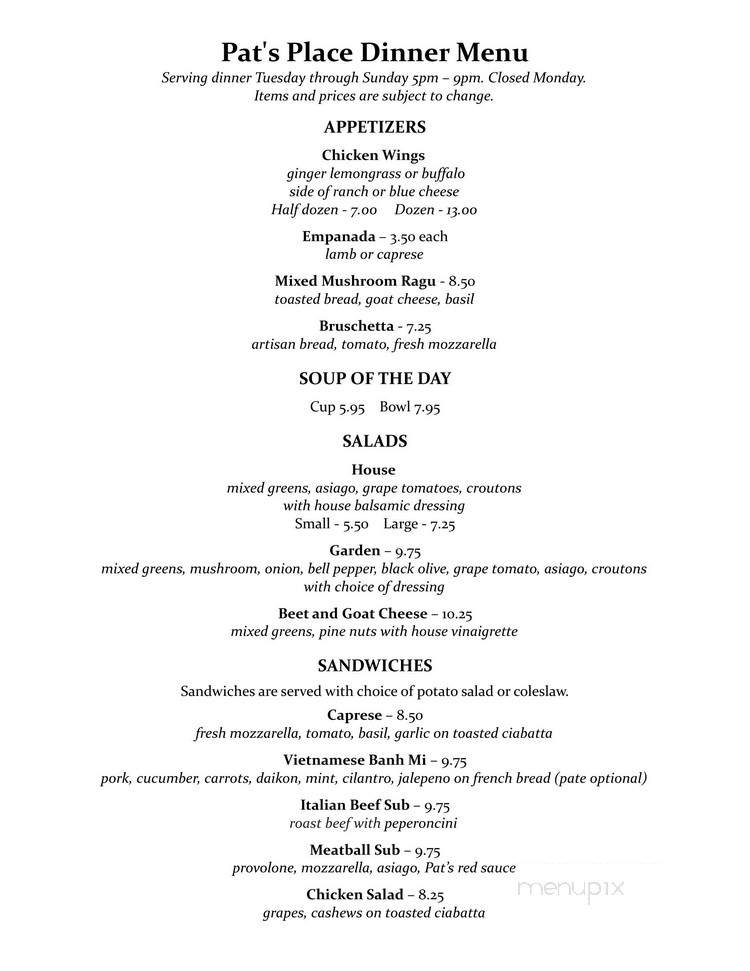 Pat's Place - Spring Green, WI menu_pic