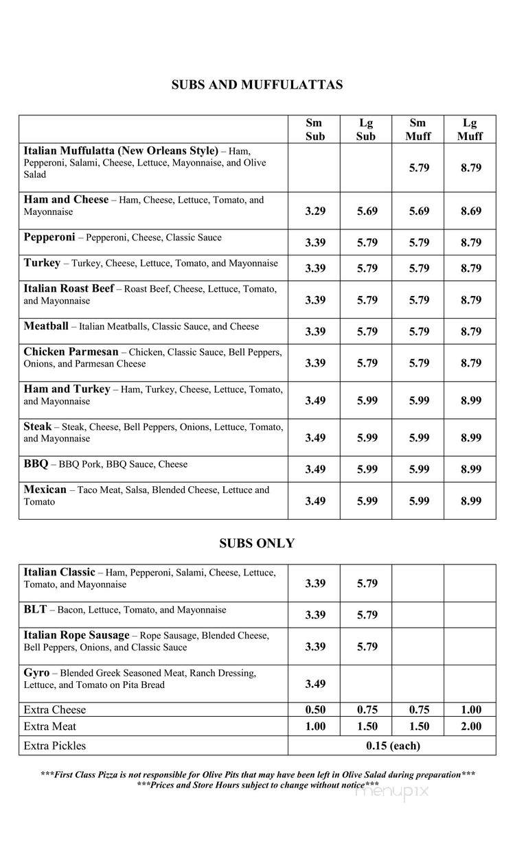 First Class Pizza & Sub - Anniston, AL menu_pic