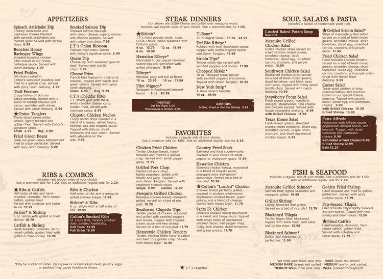 Colton's cheap steakhouse menu