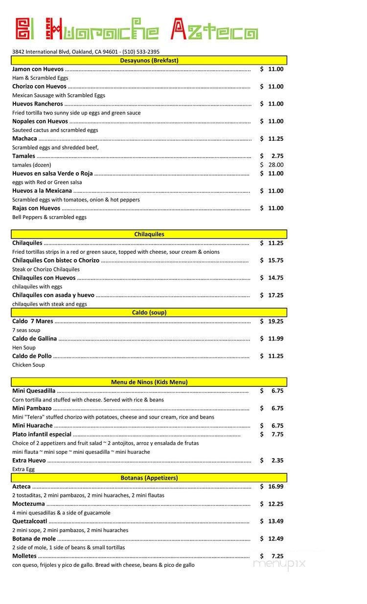 El Huarache Azteca - Oakland, CA menu_pic