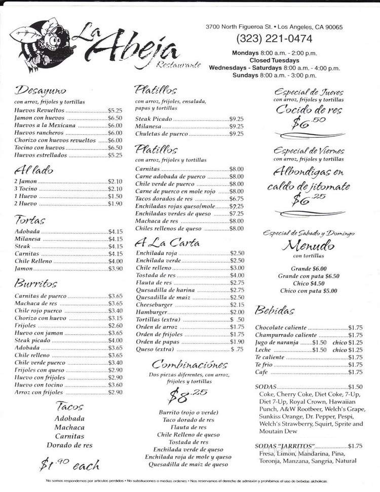 La Abeja Restaurant - Los Angeles, CA menu_pic