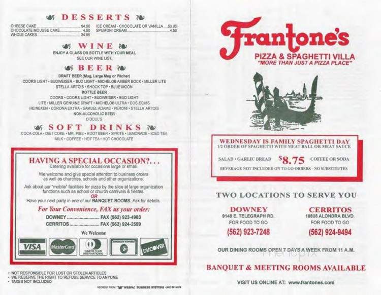 Frantone's Pizza & Spaghetti - Cerritos, CA menu_pic