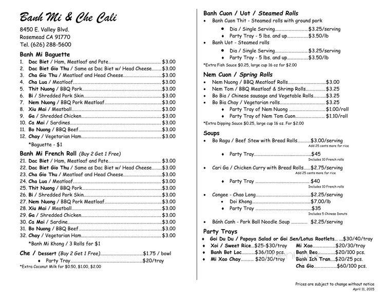 Banh Mi & Che Cali - Rosemead, CA menu_pic