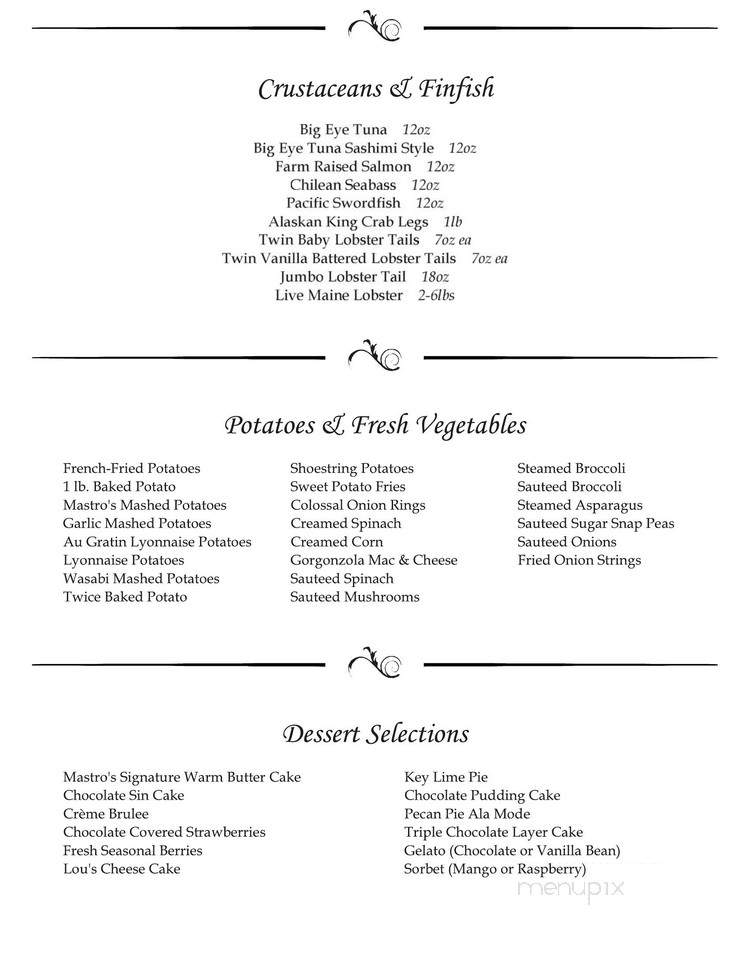 Menu of Mastro's Steakhouse in Beverly Hills, CA 90210