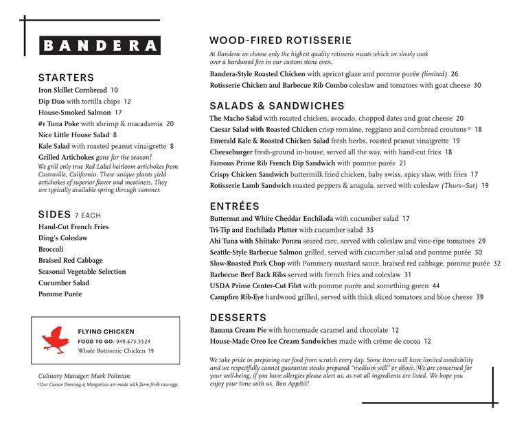 Bandera Restaurant - Corona Del Mar, CA menu_pic