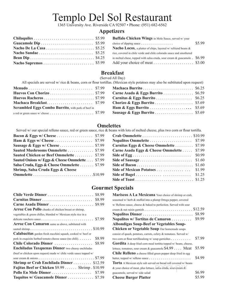 Templo Del Sol - Riverside, CA menu_pic