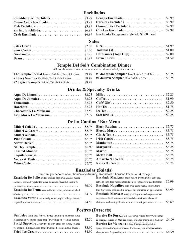 Templo Del Sol - Riverside, CA menu_pic