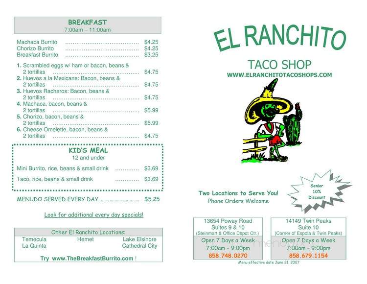 El Ranchito Taco Shop - Poway, CA menu_pic