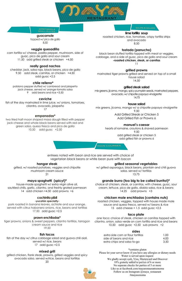 Maya Restaurant - Sonoma, CA menu_pic