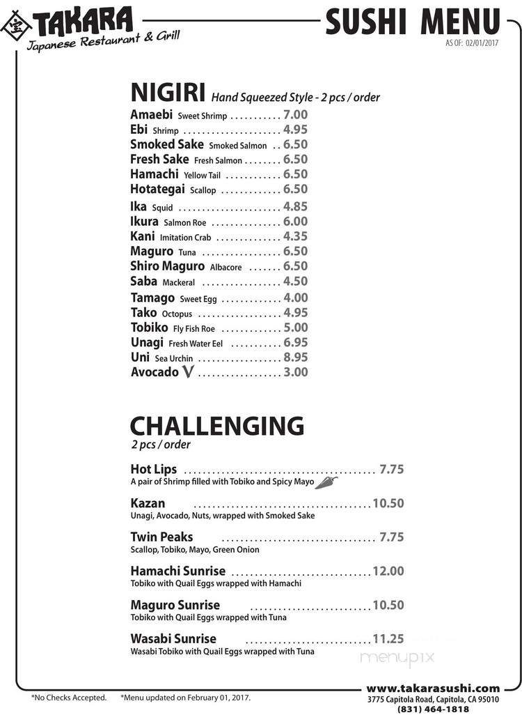 Takara Capitloa Japanese - Capitola, CA menu_pic