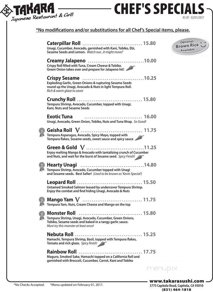 Takara Capitloa Japanese - Capitola, CA menu_pic