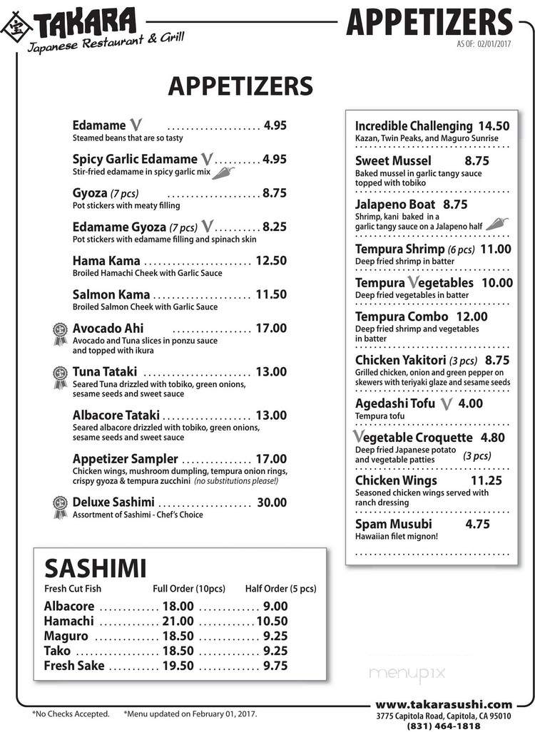 Takara Capitloa Japanese - Capitola, CA menu_pic