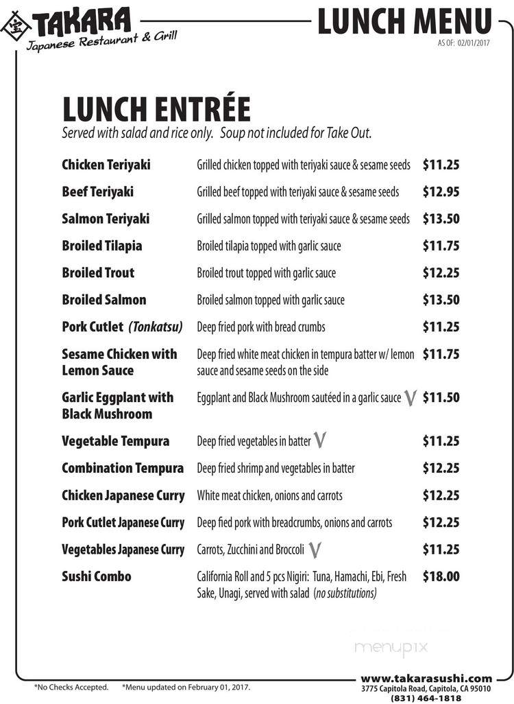 Takara Capitloa Japanese - Capitola, CA menu_pic
