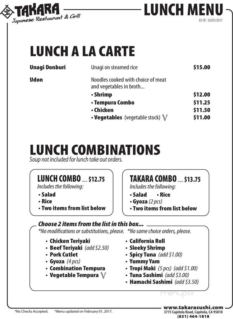Takara Capitloa Japanese - Capitola, CA menu_pic