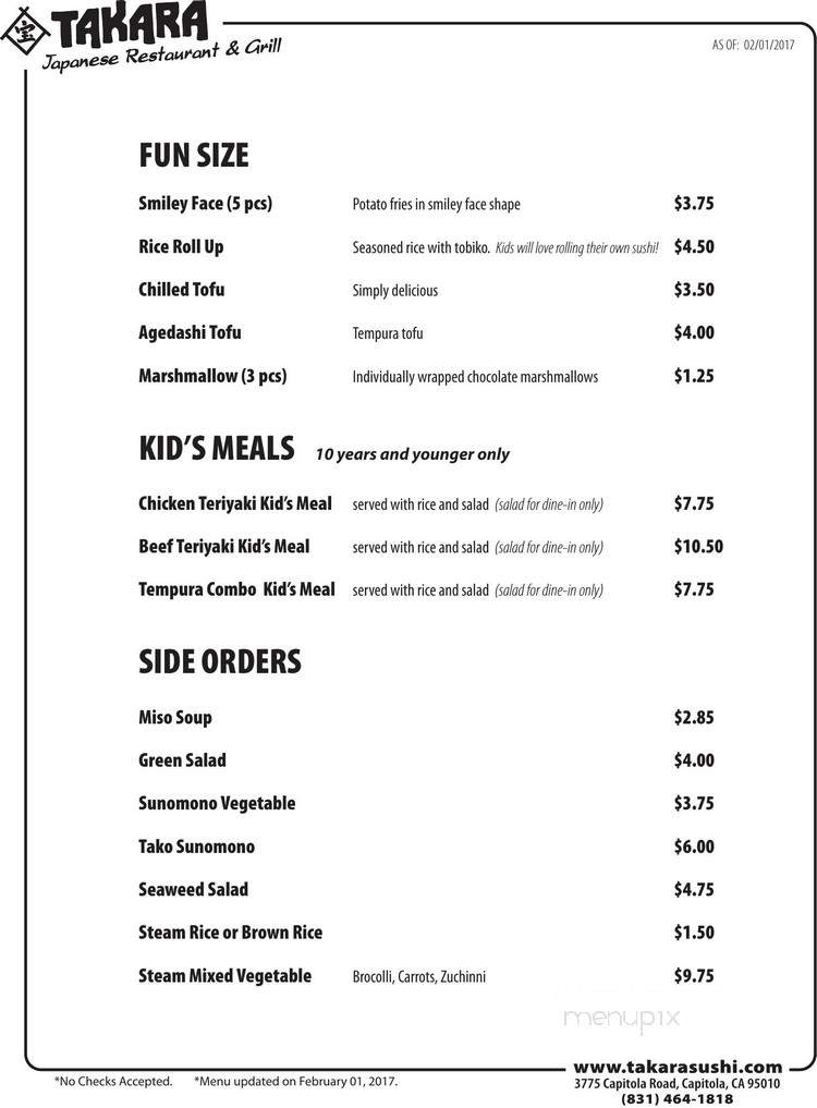Takara Capitloa Japanese - Capitola, CA menu_pic