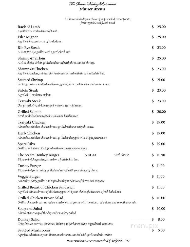 Steam Donkey Restaurant - Pinecrest, CA menu_pic