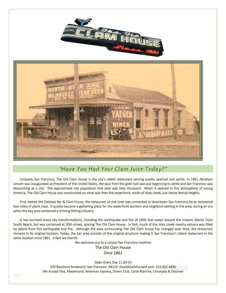 The Old Clam House - San Francisco, CA menu_pic