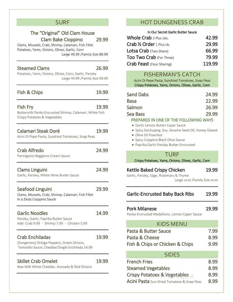 The Old Clam House - San Francisco, CA menu_pic