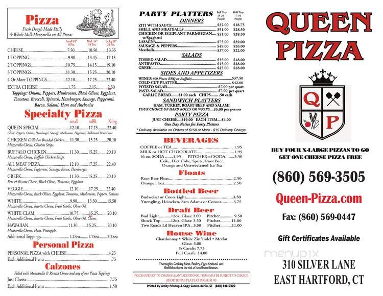 Menu of Queen Pizza in East Hartford, CT 06118