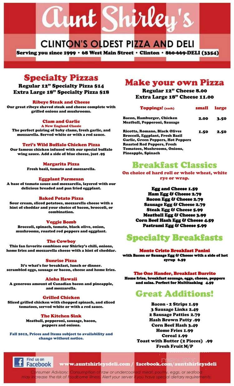 Aunt Shirley's Pizza & Deli - Clinton, CT menu_pic