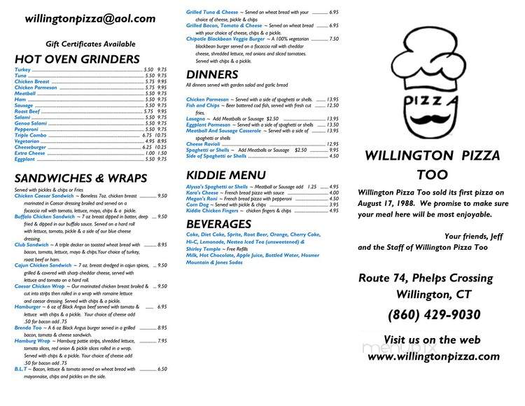 Willington Pizza Too - Willington, CT menu_pic